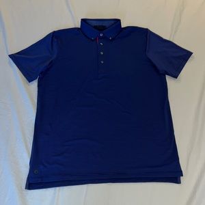 Greyson Mens Polo shirt, navy on blue micro stripe, red/pink detail, Large